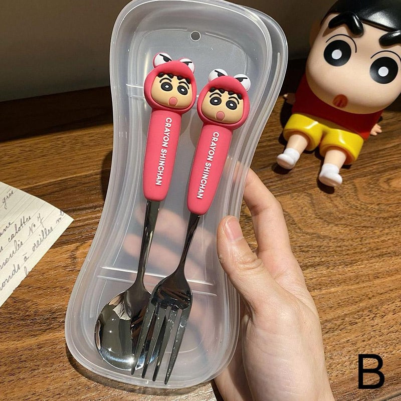Crayon Shin-chan Cartoon Spoon, Stainless Steel, Student-Specific Eating Fork and Spoon Integrated, High-End Portable Tableware